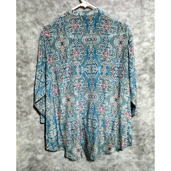 Scully Women's Sz L SemiSheer blouse top 3/4 Sleeve, Hi-lo - Picture 2 of 3